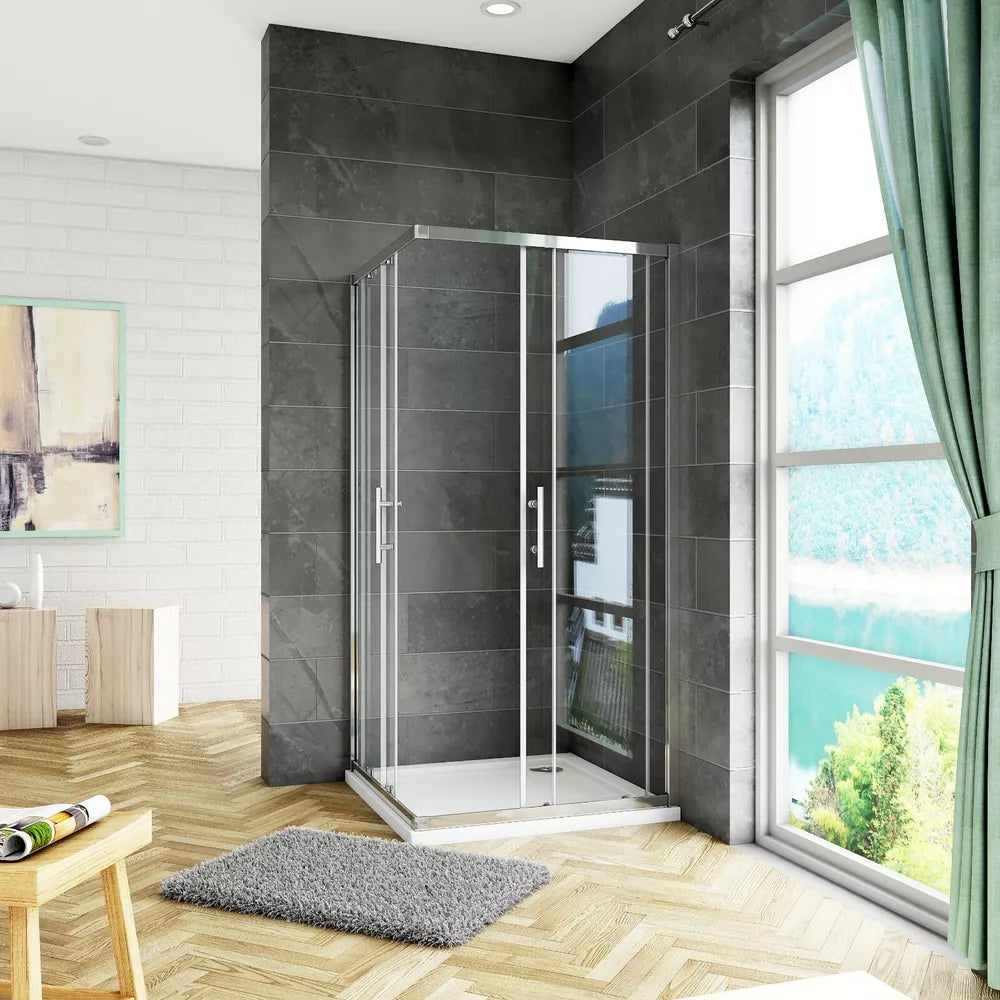 Corner Entry Shower Enclosure Walk in Cubicle Sliding Glass Door and Shower Tray